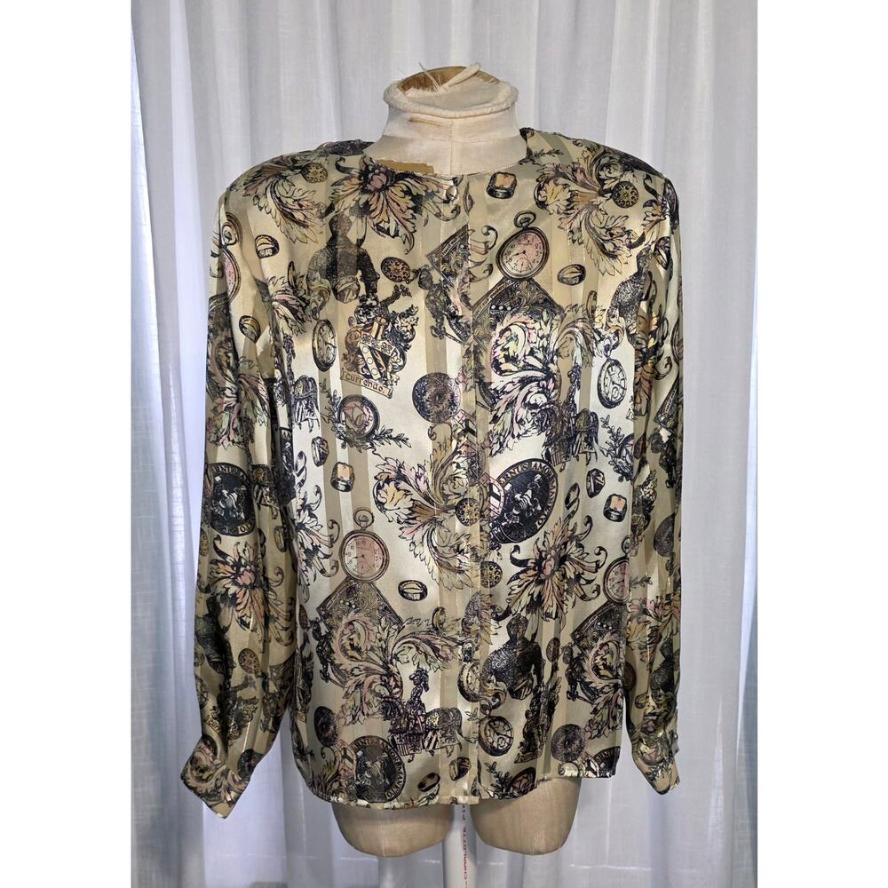 MARTINIQUE Blouse Semi Sheer Medieval KNIGHTS long sleeve Watches Clocks Size 8